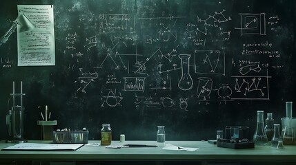 Wall Mural - Blackboard background inscribed with physics laws, chemical symbols, and scientific notations