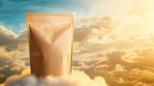 Dreamlike packaging mockup placed on a cloud in a vibrant sunrise setting with golden highlights and soft shadows. No visible text.