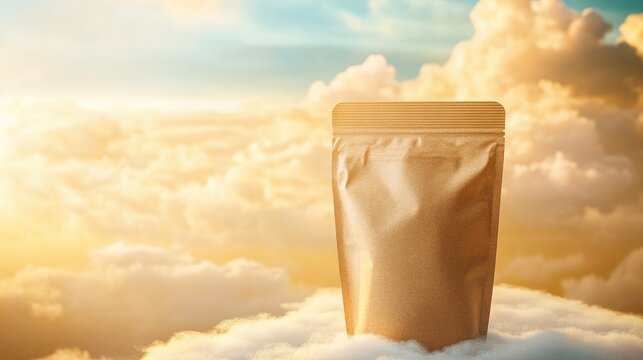 Dreamlike packaging mockup placed on a cloud in a vibrant sunrise setting with golden highlights and soft shadows. No visible text.