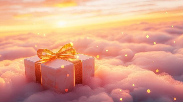 Dreamlike packaging mockup placed on a cloud in a vibrant sunrise setting with golden highlights and soft shadows. No visible text.
