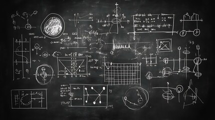 Wall Mural - Blackboard background with scientific images, physics formulas, and chemistry symbols in chalk