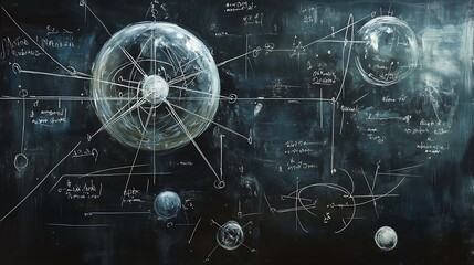 Wall Mural - Blackboard covered in chalk illustrations of physics equations, chemistry formulas, and atomic models