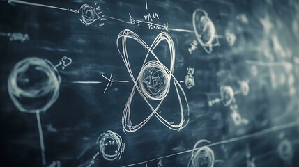 Wall Mural - Blackboard covered in chalk illustrations of physics equations, chemistry formulas, and atomic models
