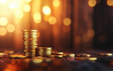 Poster - Golden coins stacked and scattered on a wooden surface with a warm, glowing bokeh background creating a sense of wealth, abundance, and prosperity in a soft light.