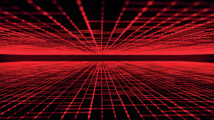Poster - Abstract wireframe landscape. Vector perspective grid on dark background. Detailed lines on black background. Checkered background. Detailed grid lines in infinity