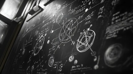 Wall Mural - Blackboard covered with physics formulas, chemical symbols, and atom diagrams, representing scientific learning