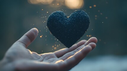 Poster - Captivating Hand Holding a Unique Textured Black Heart Against a Dreamy Nature Background with Sparkling Particles of Light