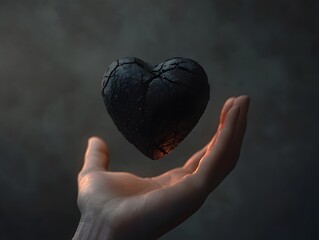 Poster - An Illuminated Hand Holding a Floating Charred Heart in a Subtle Atmosphere of Shadows and Light Symbolizing Resilience and Transformation in Art