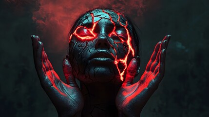 Aufkleber - Dark and Mysterious Portrait of a Woman with Cracked Skin and Glowing Red Veins, Evoking Power and Emotion in a Surreal Atmospheric Setting