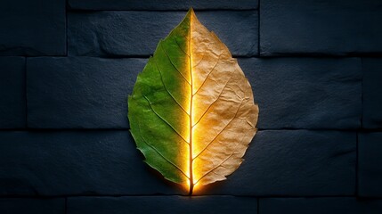 Wall Mural - A beautifully illuminated leaf showcases a vibrant half in green and the other half in warm brown, set against a dark stone background.