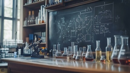 Wall Mural - Blackboard filled with scientific equations, physics formulas, and chemistry diagrams in white chalk