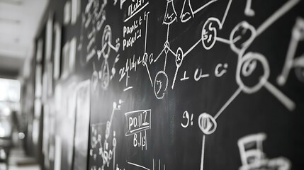 Wall Mural - Blackboard full of scientific notations, physics equations, and chemical symbols drawn in white chalk