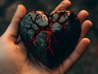 Poster - Dark, Cracked Heart Symbolizing Pain and Healing with Glowing Red Light, Expressing Emotions, Passion, and Resilience in a Human Hand