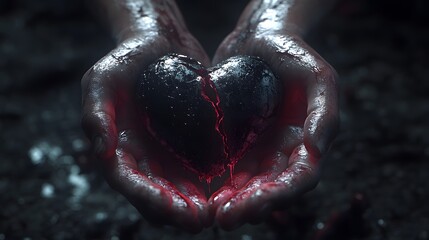 Poster - Hands Holding a Dark Heart with Cracks and Glowing Red Light, Symbolizing Love, Pain, Emotion, and Vulnerability in a Mystical Environment