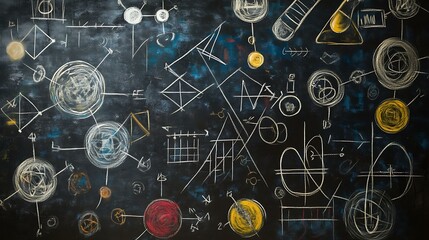 Wall Mural - Blackboard with an array of physics formulas, chemical structures, and scientific symbols in chalk