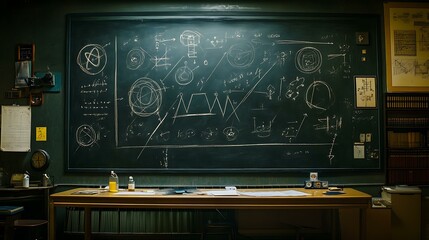 Wall Mural - Blackboard with chalk drawings of physics symbols, chemistry structures, and mathematical equations