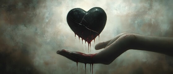 Fototapete - A Dark and Melancholic Heart Suspended Above a Hand, Symbolizing Emotional Struggle and the Complexity of Love, with Dripping Blood and a Moody Background