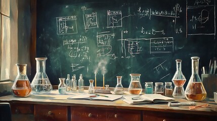Wall Mural - Blackboard with chemistry diagrams, physics laws, and complex formulas in chalk