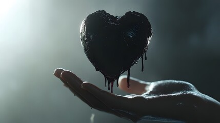 Aufkleber - Dark Heart Symbolizing Emotional Struggles and Inner Turmoil, Captured in Soft Light with Dripping Texture, Evoking Themes of Love and Pain in a Dramatic Artistic Expression