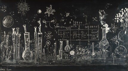 Wall Mural - Blackboard with intricate drawings of chemistry formulas and physics equations, capturing scientific concepts