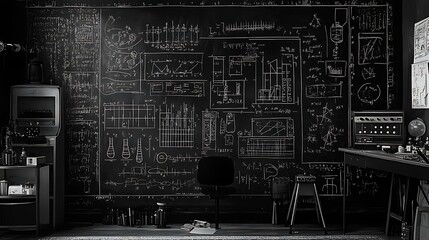 Wall Mural - Blackboard with intricate drawings of chemistry formulas and physics equations, capturing scientific concepts
