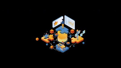 Poster - This illustration shows a vibrant collaborative business environment with diverse professionals using modern technology. It captures teamwork, data analysis, and innovative strategies, highlighting pr