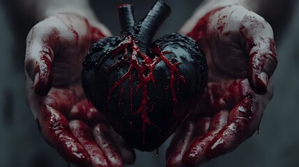 Aufkleber - Dark and Moody Artistic Representation of a Heart Surrounded by Red and Black Colors with Blood Dripping from an Open Wound in Hands