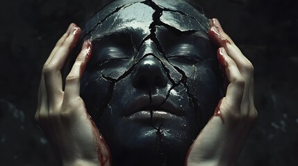 Aufkleber - Artistic Representation of a Cracked Black Mask Held by a Person with Blood on Hands, Emphasizing Themes of Struggle, Identity, and Inner Turmoil in a Dark Atmosphere