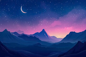 Poster - Panorama view of Night sky and moon, stars,Ramadan Kareem celebration.Serenity mountain background, outdoor. 