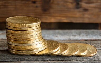 Poster - Stacked Gold Coins on a Rustic Wooden Table, Ideal for Financial Themes, Investment Concepts, Wealth Growth, and Economic Prosperity Illustrations
