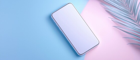 Wall Mural -  flat lay of a smartphone on a pastel pink and blue background. The smartphone is in the center of the image, with the screen facing towards the right side of the frame.