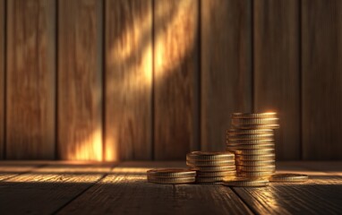 Poster - Stacks of Glimmering Coins on a Rustic Wooden Floor with Soft Lighting Creating a Gentle Atmosphere of Wealth, Prosperity, and Success