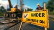 © prime stock - A weathered 'Under Construction' sign stands prominently, signaling ongoing work in a bright, industrial setting with construction workers in the background.