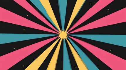 Fototapete - A vibrant background with pink, blue, and yellow starbursts radiating outwards, set against a sleek black backdrop.