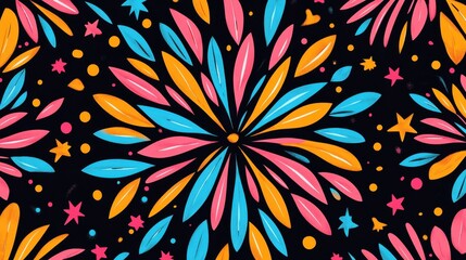 Fototapete - A vibrant background with pink, blue, and yellow starbursts radiating outwards, set against a sleek black backdrop.