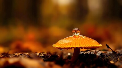 A close-up shot of an orange mushroom with a water droplet on its cap, set against a blurred autumn forest background.