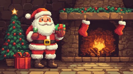 Poster - Classic 8-bit Santa Claus holding a gift, standing in front of a pixelated fireplace with stockings