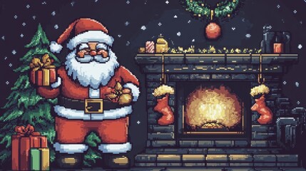 Poster - Classic 8-bit Santa Claus holding a gift, standing in front of a pixelated fireplace with stockings