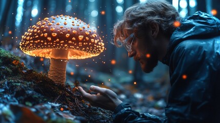 Poster - Scientist in futuristic lab coat examines glowing mushroom in a dense mystical forest