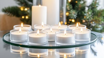 Wall Mural - Ten lit tea light candles on a glass plate with a larger candle and Christmas lights in the background.