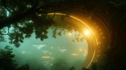Poster - Harmony of modern technology and nature: green trees and glowing threads of digital data