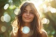 © SerPak - A young woman stands outdoors, smiling with a radiant expression while sunlight filters through the trees behind her. The soft bokeh creates a dreamy atmosphere, enhancing her natural beauty and joyfu
