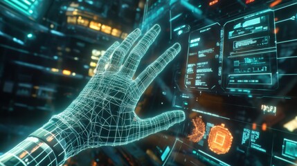 Poster - Futuristic Hand Reaching Towards Digital Interface in Sci-Fi Setting