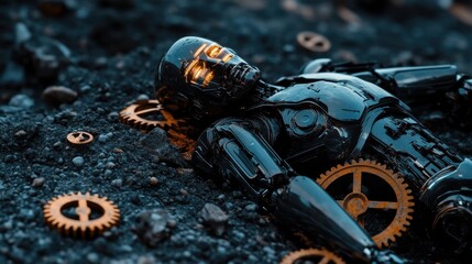 Poster - Futuristic Robot with Gears on the Ground in a Sci-Fi Environment