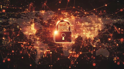 Poster - Global network security visualization with a padlock symbol.