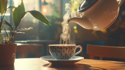 Wall Mural - Steaming hot tea pouring from teapot into teacup on wooden table in sunlight.