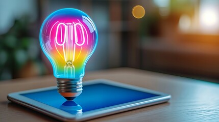 Sticker - A colorful light bulb illuminates a tablet screen, symbolizing innovative ideas and technology in a modern workspace.