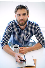 Aufkleber - Portrait, businessman and smartphone with notebook at office for email notification, social media and post on break. Above, male person and text message with coffee for communication and networking