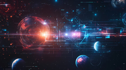advanced sci-fi universe wallpaper with holographic planets and bright stars, high-tech and cosmic. 