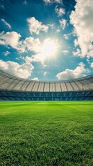 Aufkleber - Lush green soccer field is bathed in sunlight under a blue sky with fluffy white clouds, offering a stunning view of a large stadium ready for a match